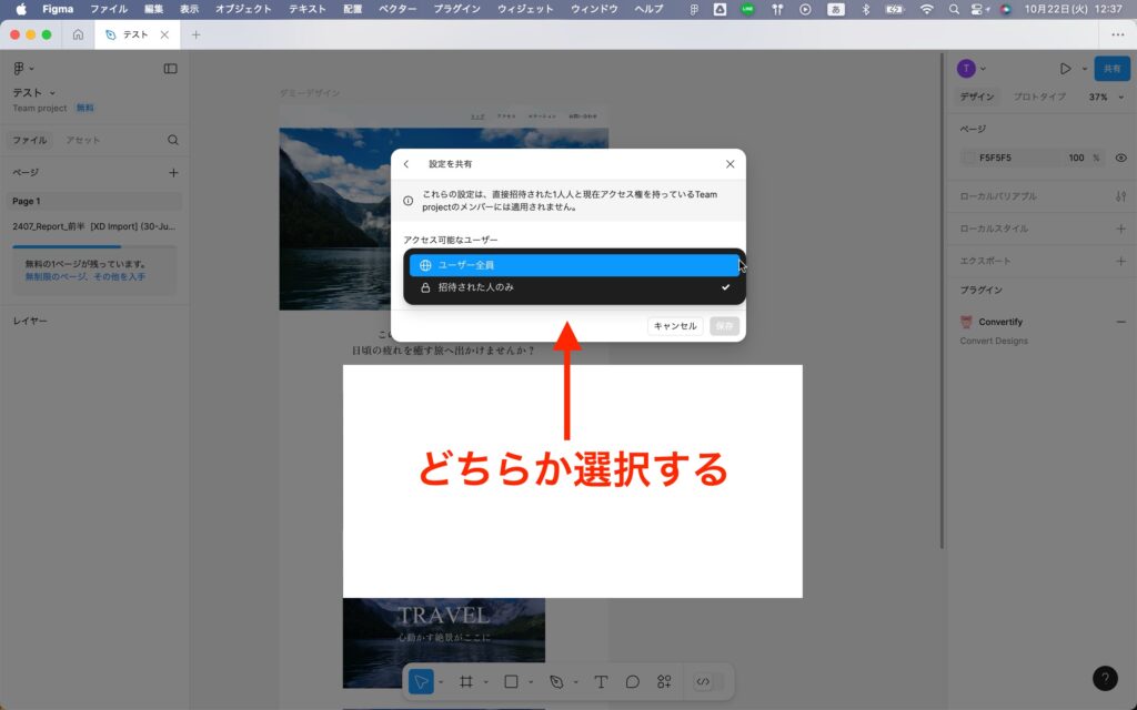 Figmaの共有設定で「ユーザー全員」と「招待された人のみ」どちらかを選択する画面