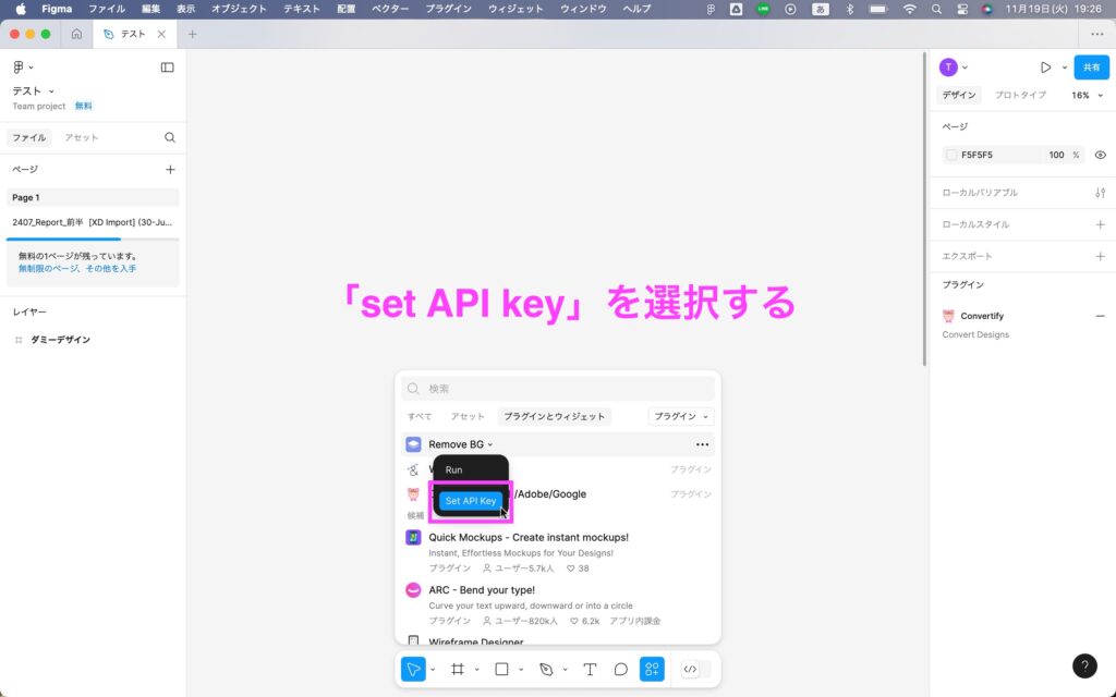 「set API key」を選択する画面