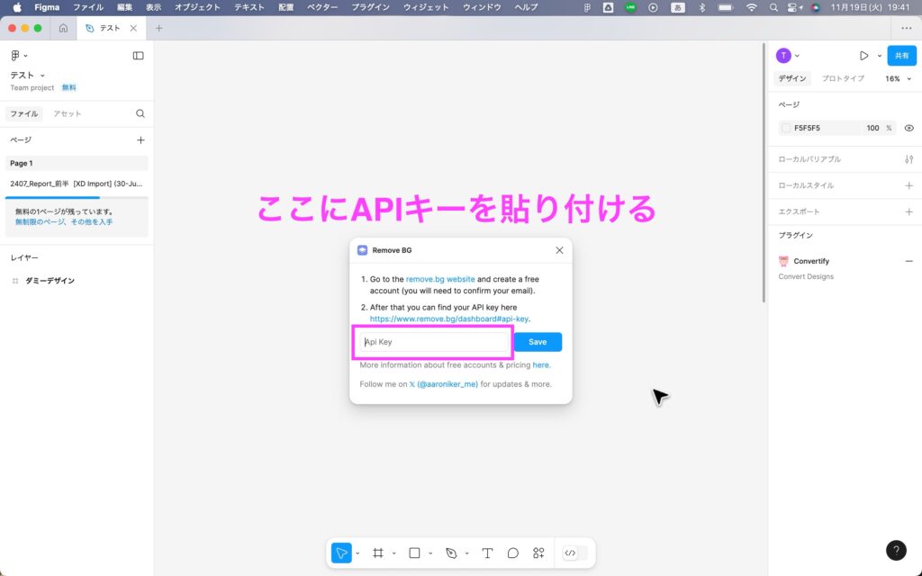 APIキーを貼り付けて「Save」をクリックする画面